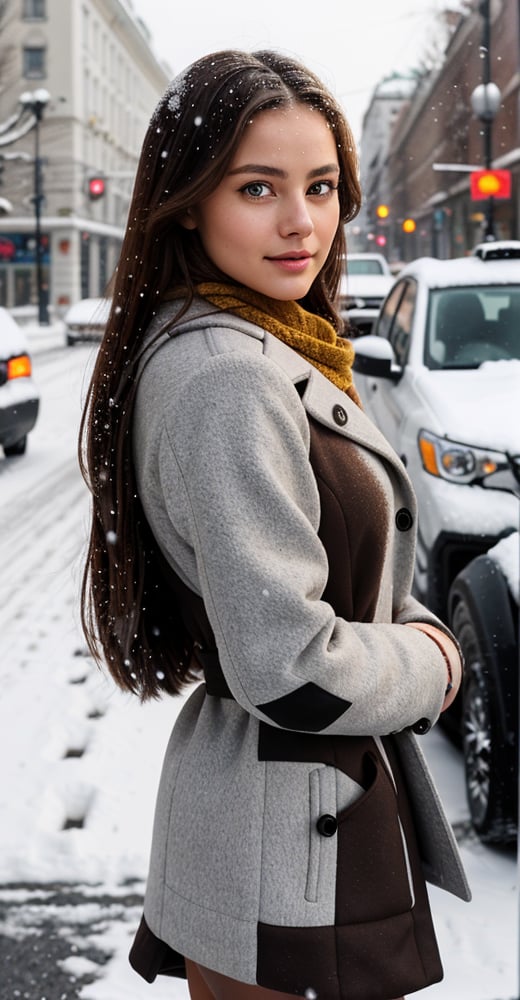 Background: Moscow main boulevard,  "Tverskaya Street",  girl stops a taxi car,  brend Lada Riva 1200,  red color,  winter,  cold (((light snow is falling))),  (((snow on the street))),  (((snow on the cars))),  traffic jam,  people in coats.1,  Girl,  standing with full shape,  full frame body,  nice girl,  posing to camera,  whole shape girl 27 year old,  with closed natural mouth,  bright gloss on the lips,  serious mood,  no makeup,  look like actress Kristina Pimenova,  born 27 December 1988 in Moscow,  Russia,  known for Creators: The Past (2019),  The Russian Bride (2018) and Secret Neighbor (2019),  source IMDb.com,  She is stops a taxi,  Lada Riva 1200,  red color,  light snow is falling,  snow on the street and on cars,  winter sun,  traffic jam,  people in coats real life,  ultra-detailed,  little hill of venus,  perfect photo realistic picture,  detailed fingers,  nice fingers,  real human nails,  detailed,  finely detailed,  realistic face with perfect shorter snub nose,  attractive girl,  young long legs,  perfect detailed tanned ((dark auburn colored skin)) with a small mole up of left breast,  small eyes,  perfect detailed face with realistic complexion and skin with pores,  no eyes lids errors,  human perfect eyes lids,  symmetric detailed eyes,  with black crayon,  long eyelashes,  symmetric detailed eyeballs,  perfect body,  natural posture,  natural limbs,  seductive gaze,  long hairstyle,  straight hair,  with a nice round butt,  two arms,  two legs,  one head,  realistic shadows,  mystical lighting. Dressed in a woman's modern detailed (((canny))) coat light brown color,  with a scarf around her neck pepito pattern dark yellow color,  16K,  UHD,  high resolution,  body facing the viewer,  showing to viewer,  beautiful sweet belly,  seduce look,  hand next to body,  (real shadows),  cinematic light,  sharp focus,  RAW