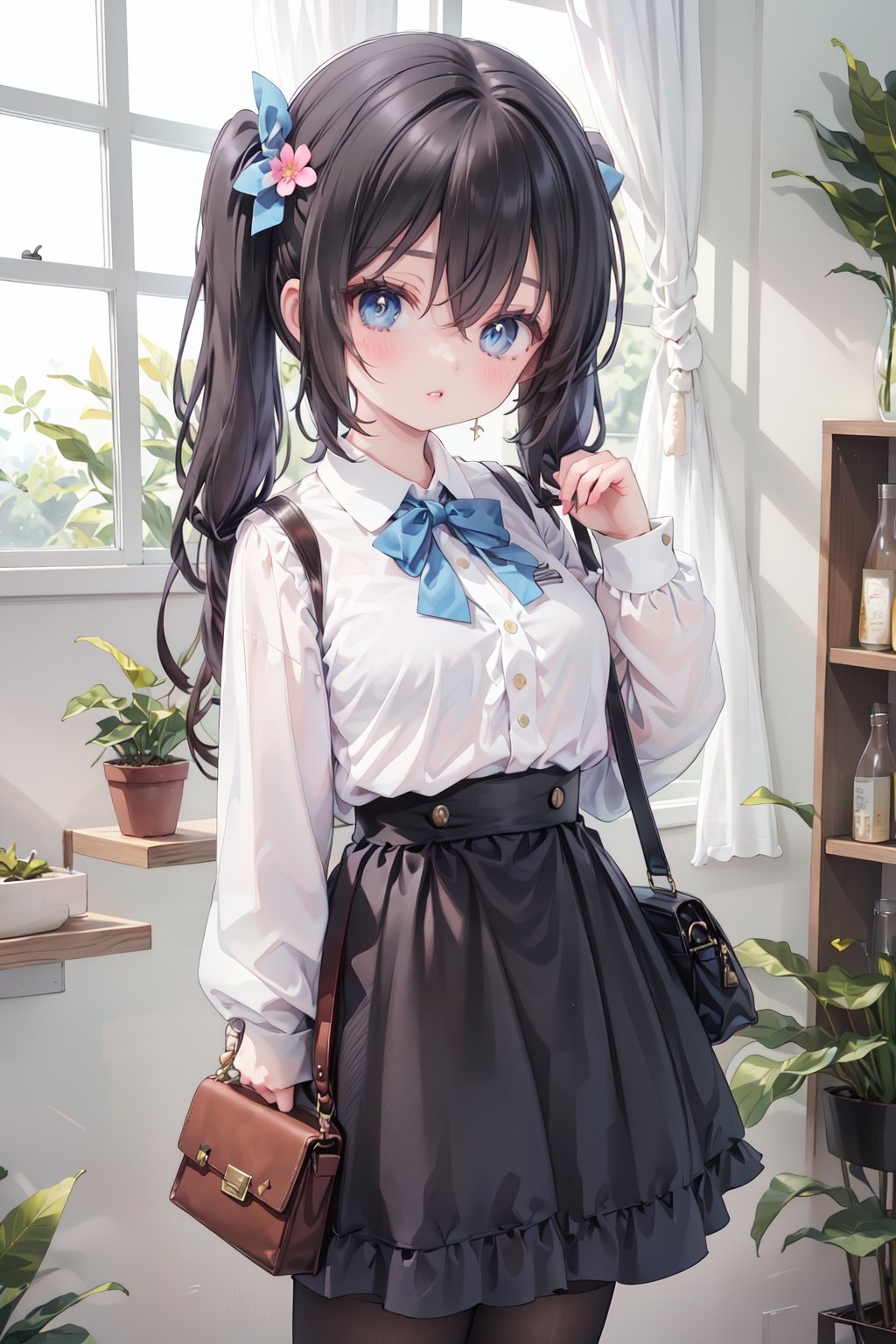 1girl,solo,skirt,twintails,shirt,bag,indoors,looking at viewer,white shirt,bow,window,black skirt,blue eyes,long hair,bangs,blush,collared shirt,bottle,bowtie,standing,hand up,hair ornament,black hair,curtains,cowboy shot,shoulder bag,long sleeves,shirt tucked in,plant,shelf,high-waist skirt,flower,blue bowtie,parted lips,brown hair,blue bow,ribbon,hair between eyes,