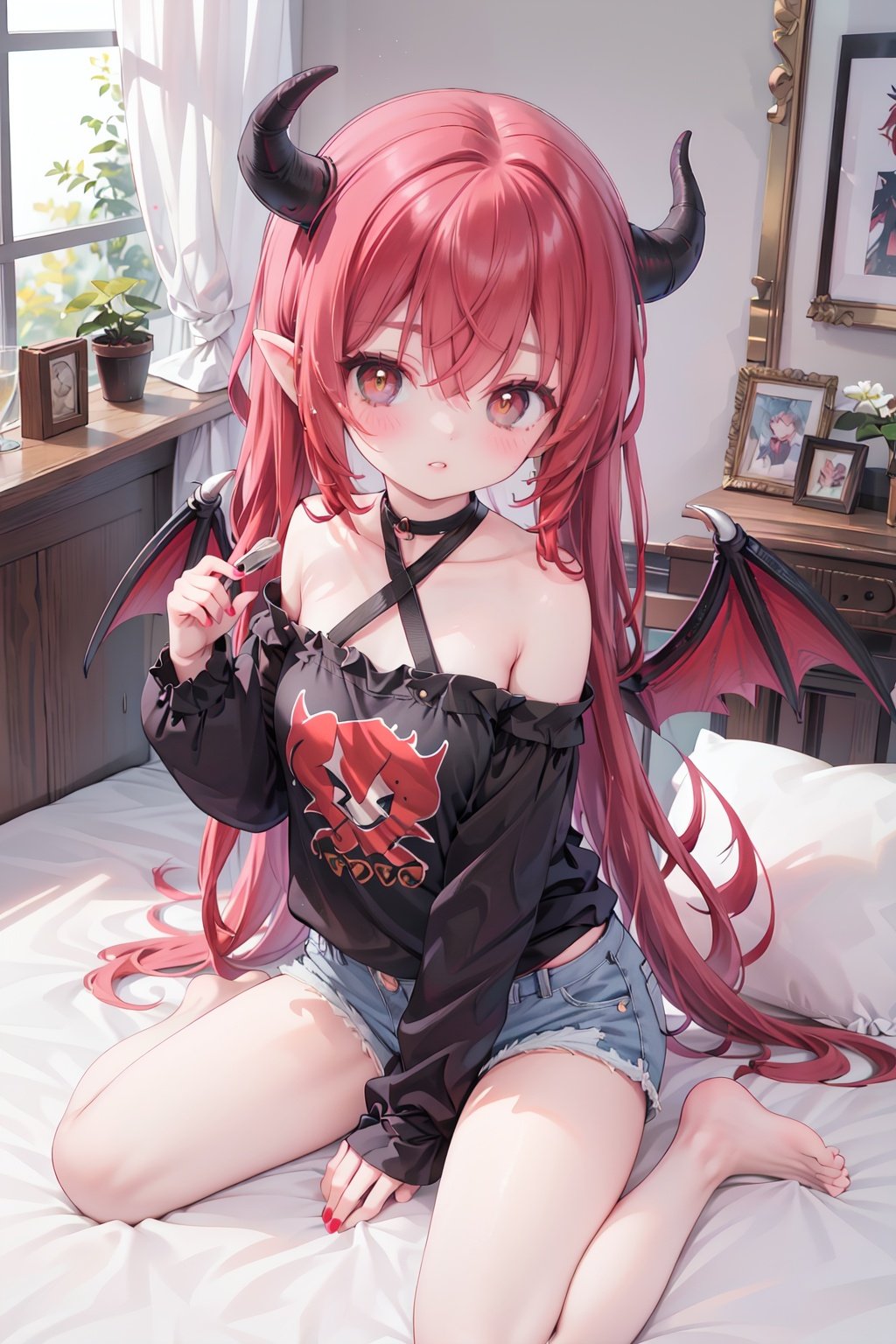 1girl,horns,solo,wings,shorts,long hair,short shorts,indoors,barefoot,sitting,very long hair,(red hair:1.4),window,looking at viewer,long sleeves,blush,wariza,demon wings,black shirt,demon horns,bare shoulders,bangs,shirt,parted lips,brown eyes,blue shorts,denim shorts,demon girl,on bed,hair between eyes,off shoulder,criss-cross halter,denim,puffy sleeves,bed sheet,curtains,nail polish,halterneck,cutoffs,choker,bare legs,small breasts,pillow,bed,picture frame,