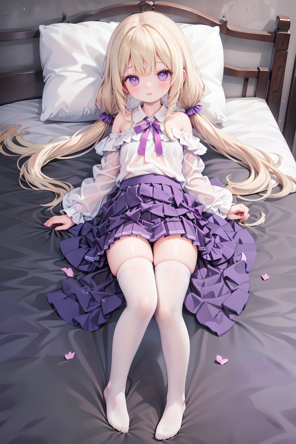 1girl,skirt,thighhighs,solo,twintails,purple eyes,blonde hair,no shoes,on back,white thighhighs,long hair,lying,long sleeves,shirt,low twintails,looking at viewer,bangs,purple skirt,white shirt,full body,pleated skirt,frills,pillow,bed sheet,bare shoulders,frilled skirt,see-through,blush,puffy long sleeves,off shoulder,collar,parted lips,on bed,purple bow,feet,bell,