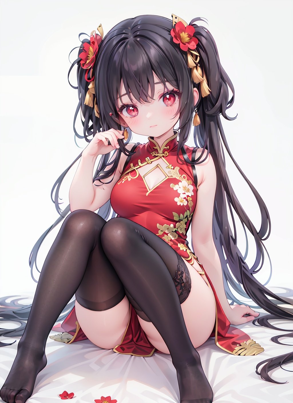 1girl,solo,thighhighs,long hair,dress,flower,black hair,white thighhighs,red dress,hair ornament,sleeveless,chinese clothes,sleeveless dress,no shoes,bare shoulders,red eyes,looking at viewer,china dress,hair flower,sitting,breasts,bare arms,holding,full body,white background,bangs,feet,simple background,red flower,medium breasts,closed mouth,knees up,one side up,thighs,blush,