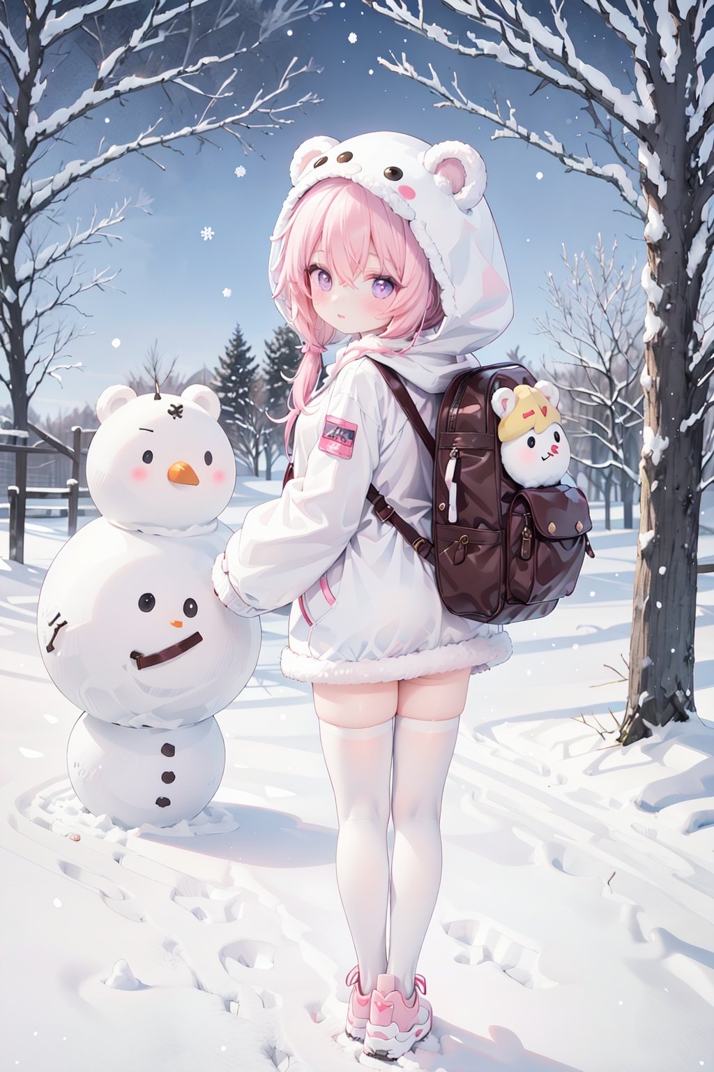 1girl, thighhighs, snow, outdoors, pink hair, hood, solo, backpack, animal ears, looking at viewer, bag, standing, bangs, white thighhighs, jacket, tree, fake animal ears, animal hood, hair between eyes, looking back, parted lips, hood up, long sleeves, white jacket, full body, hooded jacket, shoes, blush, day, long hair, fur trim, pink footwear, snowman, purple eyes, from behind, bear ears, animal bag, bare tree, snowing, puffy long sleeves, puffy sleeves, sleeves past wrists