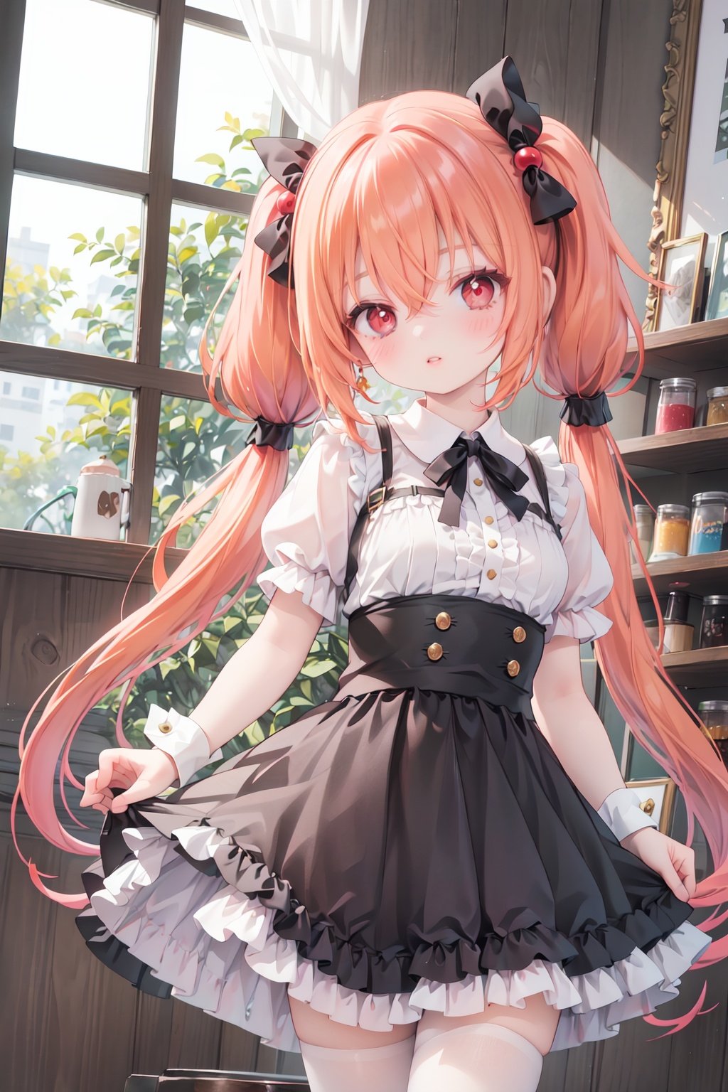 1girl, solo, twintails, long hair, dress, indoors, red eyes, bangs, orange hair, hair ornament, looking at viewer, short sleeves, wrist cuffs, black dress, frills, window, hair bobbles, low twintails, blush, hair between eyes, bow, standing, parted lips, frilled dress, puffy sleeves, very long hair, ribbon, puffy short sleeves, cowboy shot, picture frame