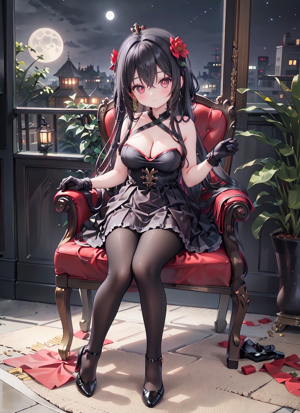 1girl, dress, long hair, solo, red eyes, moon, black dress, pantyhose, gloves, black hair, sitting, breasts, black gloves, looking at viewer, black footwear, multicolored hair, red hair, full body, full moon, high heels, bare shoulders, bangs, black pantyhose, closed mouth, very long hair, streaked hair, hair between eyes, medium breasts, sleeveless dress, hair ornament, chair, sleeveless, night, two-tone hair, cleavage, blush, crossed bangs, mini crown, cross, crown, flower