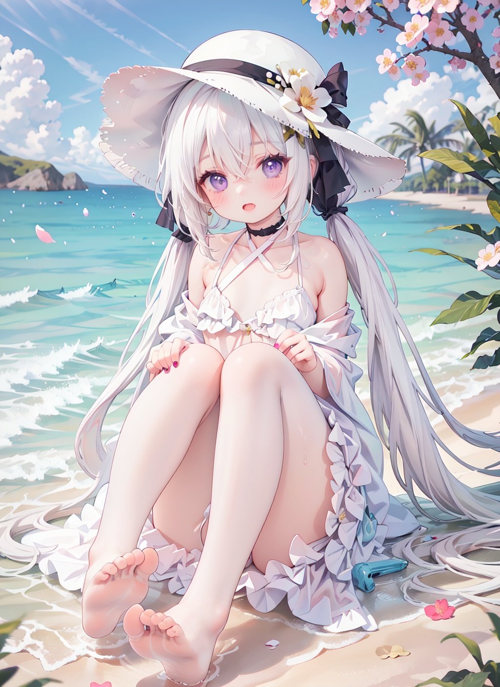 1girl, solo, barefoot, dress, long hair, outdoors, looking at viewer, toes, cherry blossoms, feet, flower, white dress, sitting, twintails, water, bare shoulders, breasts, soles, white hair, petals, small breasts, purple eyes, day, bangs, ribbon, open mouth, hair between eyes, hair ornament, hair flower, nail polish, black headwear, ocean, halterneck, blush, sky, bare legs, pink flower, criss-cross halter, frills, toenails, hair ribbon, hat, frilled dress, choker, white flower, toenail polish, full body, blue ribbon, beach, collarbone, very long hair, cloud, tree