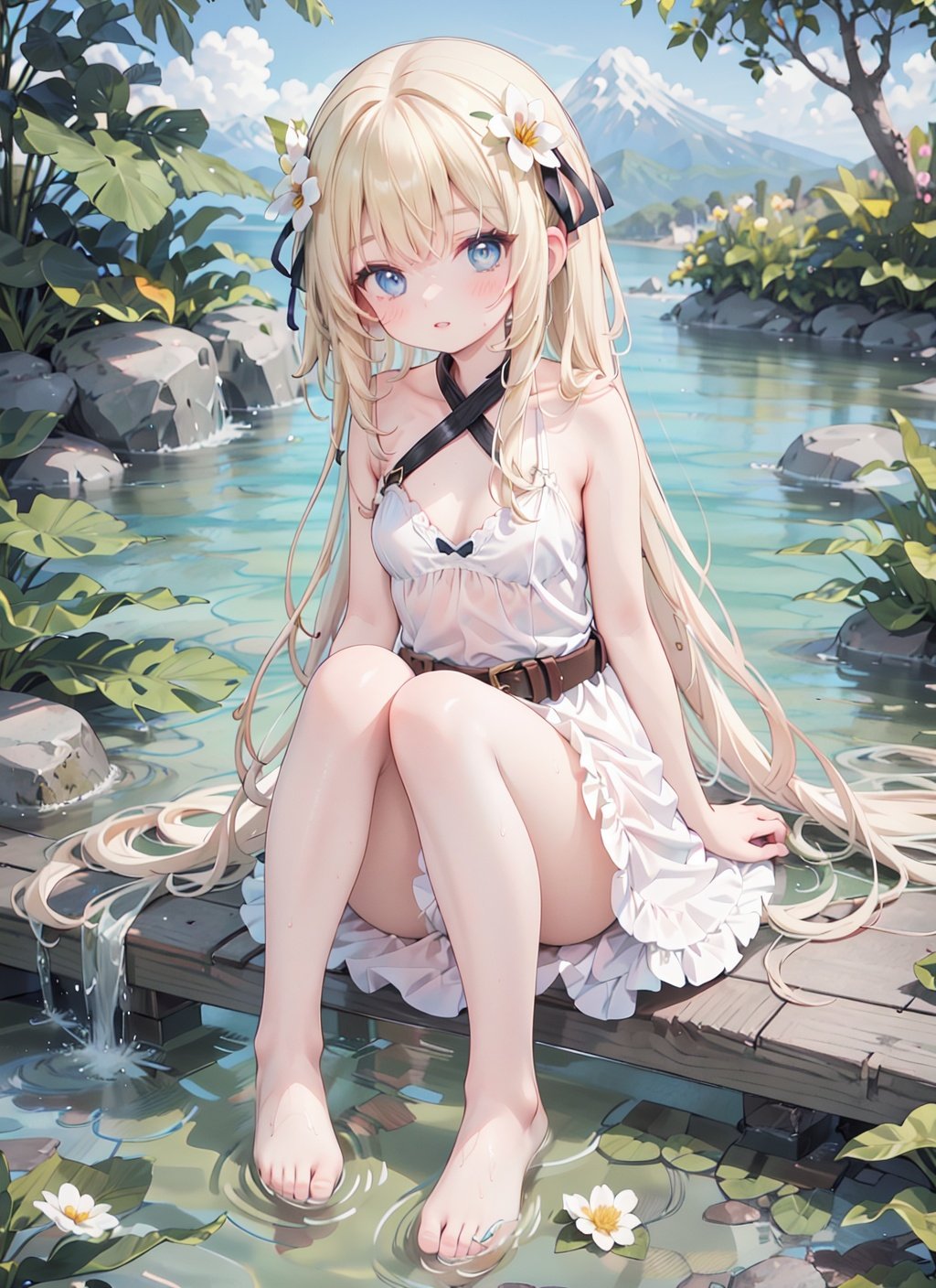 1girl, dress, long hair, solo, hair flower, hair ornament, barefoot, white dress, sitting, blue eyes, looking at viewer, flower, blonde hair, outdoors, water, breasts, sleeveless dress, sleeveless, bare legs, bare shoulders, feet, wet, toes, bare arms, tree, thighs, bangs, belt, blush, full body, legs, small breasts, day, hair ribbon, parted lips, ribbon, mountain, animal, white flower, underwear