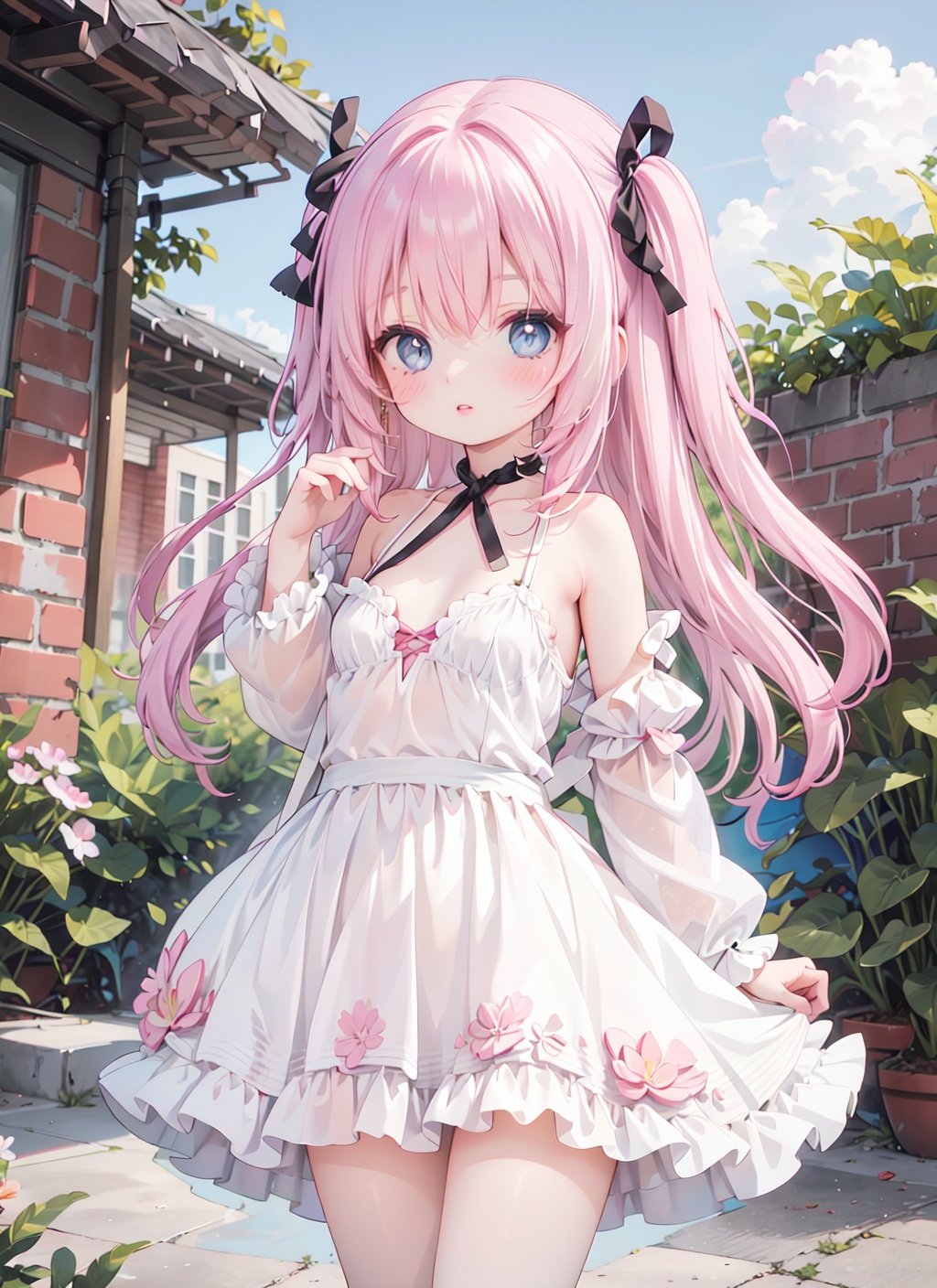 1girl, solo, pink hair, dress, long hair, white dress, outdoors, blue eyes, looking at viewer, ribbon, hair ribbon, two side up, bangs, breasts, parted lips, bare shoulders, day, black ribbon, building, see-through, blush, standing, cowboy shot, small breasts, plant, tree, brick wall, sky, detached sleeves, collarbone