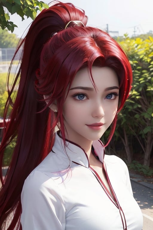 detailed eyes, detailed face, best quality , smile, (facing front), looking at viewer, white shirt, sunny day, outdoor, 1girl upperbody, dark purple red chocolate color hair dye, long way hair, thin hair, long wave hair, wavy hair, ombre hair, curly hair,long hair woman with ponytail