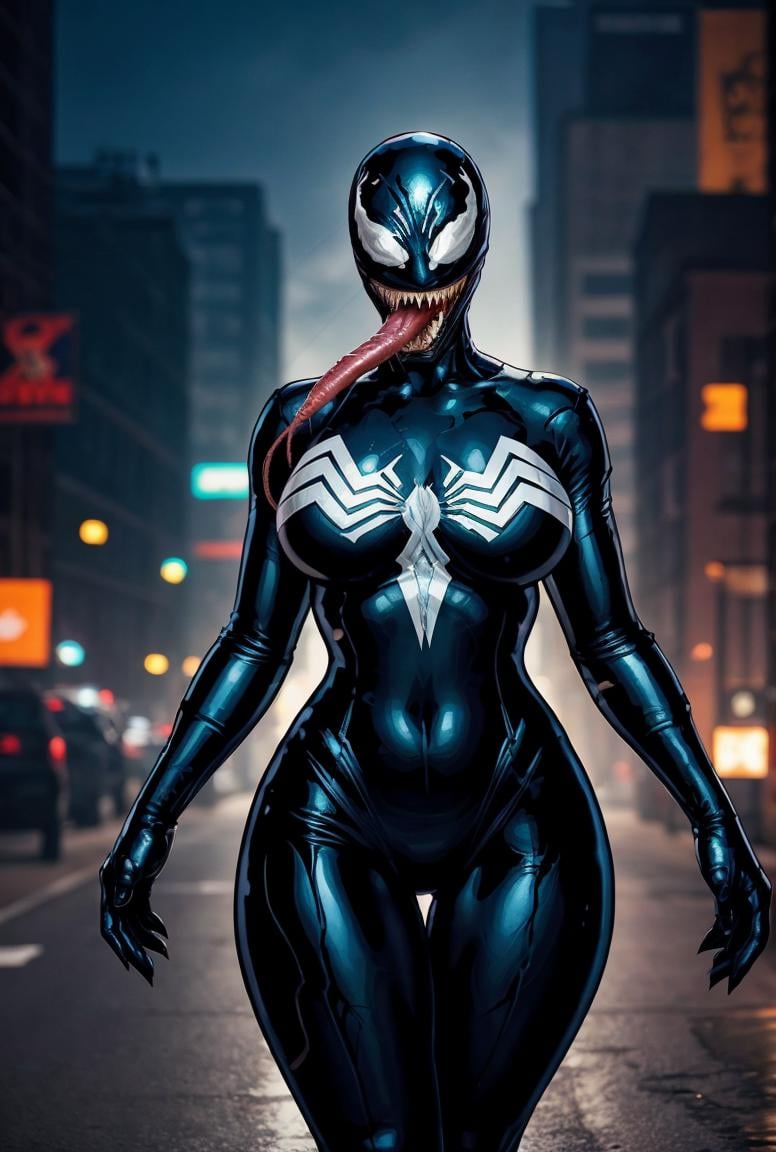 masterpiece, highly detailed skin, hdr, 8k, best quality, high quality, highres, solo,CARTOON_MARVEL_she_venom_ownwaifu, www.ownwaifu.com,symbiote, breasts, teeth, sharp teeth, tongue, long tongue, tongue out, large breasts, curvy, narrow waist, tall female, thick thighs, muscular female, thigh gap,bodysuit, skin tight, superhero, monster girl, silk, latex, black bodysuit, covered navel, mask, no eyes, shiny, cameltoe,<lora:CARTOON_MARVEL_she_venom_ownwaifu-15:0.6> ,vibrant, fantasy, detailed, epic, heroic, cinematic photo undefined, 35mm photograph, film, bokeh, professional, 4k, highly detailed