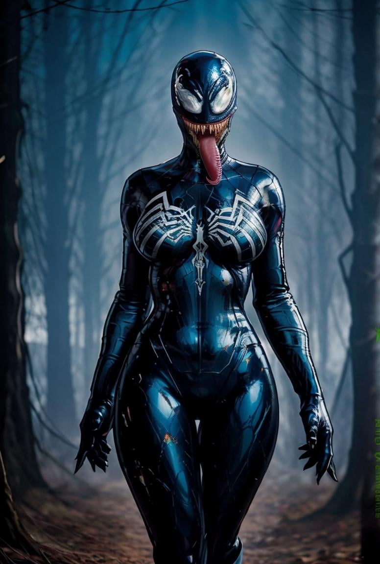 masterpiece, highly detailed skin, hdr, 8k, best quality, high quality, highres, solo,CARTOON_MARVEL_she_venom_ownwaifu, www.ownwaifu.com,symbiote, breasts, teeth, sharp teeth, tongue, long tongue, tongue out, large breasts, curvy, narrow waist, tall female, thick thighs, muscular female, thigh gap,bodysuit, skin tight, superhero, monster girl, silk, latex, black bodysuit, covered navel, mask, no eyes, shiny, cameltoe,<lora:CARTOON_MARVEL_she_venom_ownwaifu-15:1> ,vibrant, fantasy, detailed, epic, heroic, cinematic photo undefined, 35mm photograph, film, bokeh, professional, 4k, highly detailed