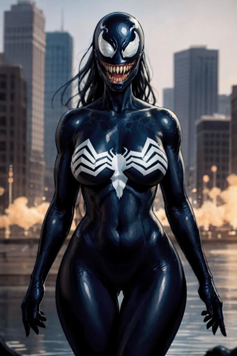 looking at viewer, wading, water, outdoors, solo, CARTOON_MARVEL_she_venom_ownwaifu, www.ownwaifu.com, symbiote,  breasts, teeth, sharp teeth, tongue, long tongue, tongue out, large breasts, curvy, narrow waist, tall female, thick thighs, muscular female, thigh gap, bodysuit, skin tight, superhero, monster girl, silk, latex, black bodysuit, covered navel, mask, no eyes, shiny, cameltoe, <lora:CARTOON_MARVEL_she_venom_ownwaifu-15:0.6> ,realistic, ultra specular detailed, amazing artwork,8k uhd, dslr, soft lighting, high quality, Nikon Z9, award winning best photography, intricate,detailed background,(well defined perfect hands, high detailed skin,detailed face:0.3), (absurdres,golden_ratio,highres, incredibly_absurdres:0.2),(scenery,sidelighting,masterpiece:0.5),