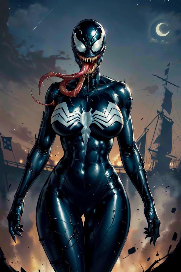 (masterpiece, best quality, ultra detailed, absurdres)1.5, 1girl, (sexy, beautiful woman, perfect face, perfect eyes, perfect female body, huge breasts)1.5,(CARTOON_MARVEL_she_venom_ownwaifu, www.ownwaifu.com, symbiote,  breasts, teeth, sharp teeth, tongue, long tongue, tongue out, large breasts, curvy, narrow waist, tall female, thick thighs, muscular female, thigh gap, bodysuit, skin tight, superhero, monster girl, silk, latex, black bodysuit, covered navel, mask, no eyes, shiny, cameltoe, <lora:CARTOON_MARVEL_she_venom_ownwaifu-15:0.7> ,),(standing, outdoors, pirate ship, night sky), perfect lighting, smooth, hdr