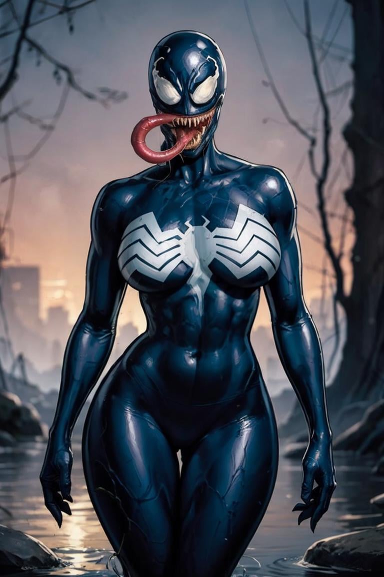 wading,looking at viewer,solo,water, sunset, onsen, wisteria,moody lighting, BREAK, CARTOON_MARVEL_she_venom_ownwaifu, www.ownwaifu.com, symbiote,  breasts, teeth, sharp teeth, tongue, long tongue, tongue out, large breasts, curvy, narrow waist, tall female, thick thighs, muscular female, thigh gap, bodysuit, skin tight, superhero, monster girl, silk, latex, black bodysuit, covered navel, mask, no eyes, shiny, cameltoe, <lora:CARTOON_MARVEL_she_venom_ownwaifu-15:0.8> ,