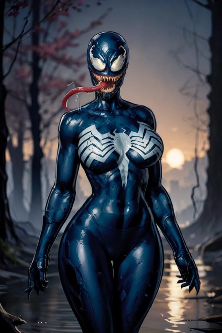 wading,looking at viewer,solo,water, sunset, onsen, wisteria,moody lighting, BREAK, CARTOON_MARVEL_she_venom_ownwaifu, www.ownwaifu.com, symbiote,  breasts, teeth, sharp teeth, tongue, long tongue, tongue out, large breasts, curvy, narrow waist, tall female, thick thighs, muscular female, thigh gap, bodysuit, skin tight, superhero, monster girl, silk, latex, black bodysuit, covered navel, mask, no eyes, shiny, cameltoe, <lora:CARTOON_MARVEL_she_venom_ownwaifu-15:1> ,