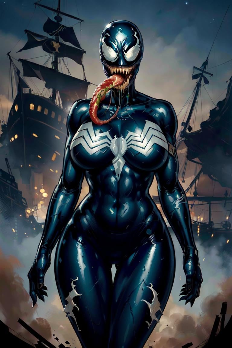 (masterpiece, best quality, ultra detailed, absurdres)1.5, 1girl, (sexy, beautiful woman, perfect face, perfect eyes, perfect female body, huge breasts)1.5,(CARTOON_MARVEL_she_venom_ownwaifu, www.ownwaifu.com, symbiote,  breasts, teeth, sharp teeth, tongue, long tongue, tongue out, large breasts, curvy, narrow waist, tall female, thick thighs, muscular female, thigh gap, bodysuit, skin tight, superhero, monster girl, silk, latex, black bodysuit, covered navel, mask, no eyes, shiny, cameltoe, <lora:CARTOON_MARVEL_she_venom_ownwaifu-15:0.7> ),(standing, outdoors, pirate ship, night sky), perfect lighting, smooth, hdr