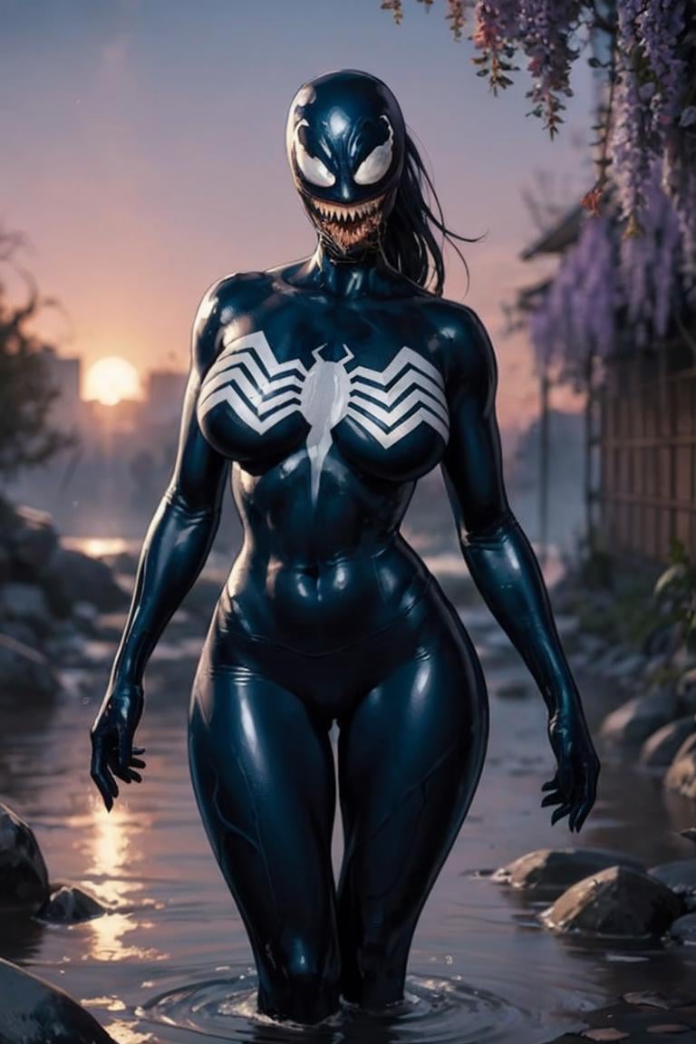 wading,looking at viewer,solo,water, sunset, onsen, wisteria,moody lighting, BREAK, CARTOON_MARVEL_she_venom_ownwaifu, www.ownwaifu.com, symbiote,  breasts, teeth, sharp teeth, tongue, long tongue, tongue out, large breasts, curvy, narrow waist, tall female, thick thighs, muscular female, thigh gap, bodysuit, skin tight, superhero, monster girl, silk, latex, black bodysuit, covered navel, mask, no eyes, shiny, cameltoe, <lora:CARTOON_MARVEL_she_venom_ownwaifu-15:0.7> ,