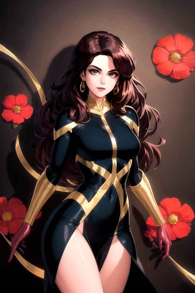 masterpiece, best quality, high quality, highres,looking at viewer, reflector \(photography\), ARTSTYLE_90sanime_x_comics_ownwaifu, www.ownwaifu.com, long hair, brown hair, lips, breasts, brown eyes, flower, jewelry, dress,  makeup, <lora:ARTSTYLE_90sanime_x_comics_ownwaifu-15:0.7> 