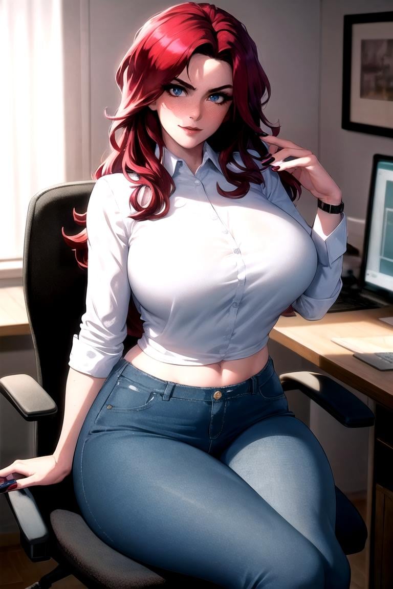 masterpiece, best quality, high quality, highres, sitting, looking at viewer,solo,sunset, wisteria,moody lighting, office lady, office, indoors, computer, desk, chair, ARTSTYLE_90sanime_x_comics_ownwaifu, www.ownwaifu.com, 1girl, solo, <lora:ARTSTYLE_90sanime_x_comics_ownwaifu-15:0.7> big hair, blue eyes, red hair, absurdly long hair, mole under eye, nail polish, blue nails, freckles, lips, breasts, nose, makeup, blush, eyelashes, curvy, lipstick, large breasts, black shirt, denim, blue pants, wristwatch, collared shirt, jeans, pants, midriff, 