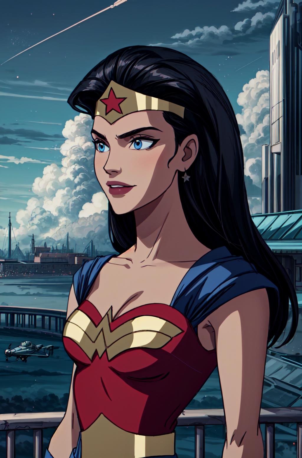 <lora:add_detail:1> , <lora:GoodHands-beta2:1>, <lora:wonderwoman-06:0.8>w0nd3rw0m4n,wonder woman outfit,cleavage, (focus on character:1.1), portrait, solo, upper body, detailed background, detailed face, (<lora:NodesTech:0.6>, data-space,  NodesTech theme:1.1), aristocratic pose, smiling, ruling class, elegant clothing, elegant hat, looking up at floating (cloud city:1.1),  cloudtop sky-city, floating platforms, floating buildings, dome,  railing, bridges, propellers, clouds in background,   cinematic atmosphere,  