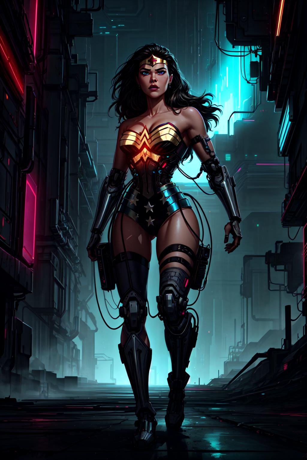 <lora:add_detail:1> , <lora:GoodHands-beta2:1> <lora:Wonder_woman_Justiceleague-v1:0.7> w0nd3rw0m4n, wonder woman outfit,cleavage,boots,   portrait, solo, half shot, looking up, detailed background, detailed face, (<lora:CyberPunkAI:0.6>, neon, CyberpunkAI theme:1.1), android,  mechanical limbs,   cables, high-tech, dynamic pose,   augmented reality,  digital implants, nanotechnology, circuits, robotics,  techwear, powered by nuclear fission, holograms,  bright dark orange lights,  energy pulse,   futuristic cityscape in background, epic atmosphere,