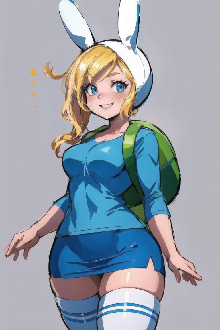 <lora:Fionna:0.8> Fionna, thighhighs, blue shirt, skirt, rabbit hood, bag, smile, looking at viewer, simple background