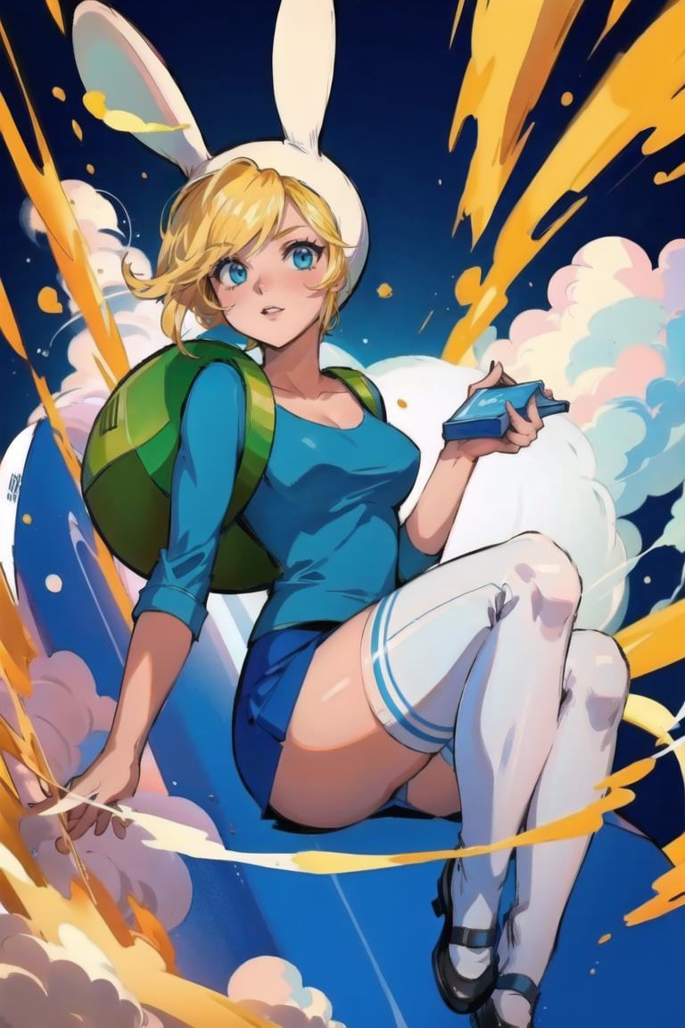 <lora:Fionna:0.8> Fionna, thighhighs, blue shirt, skirt, rabbit hood, bag