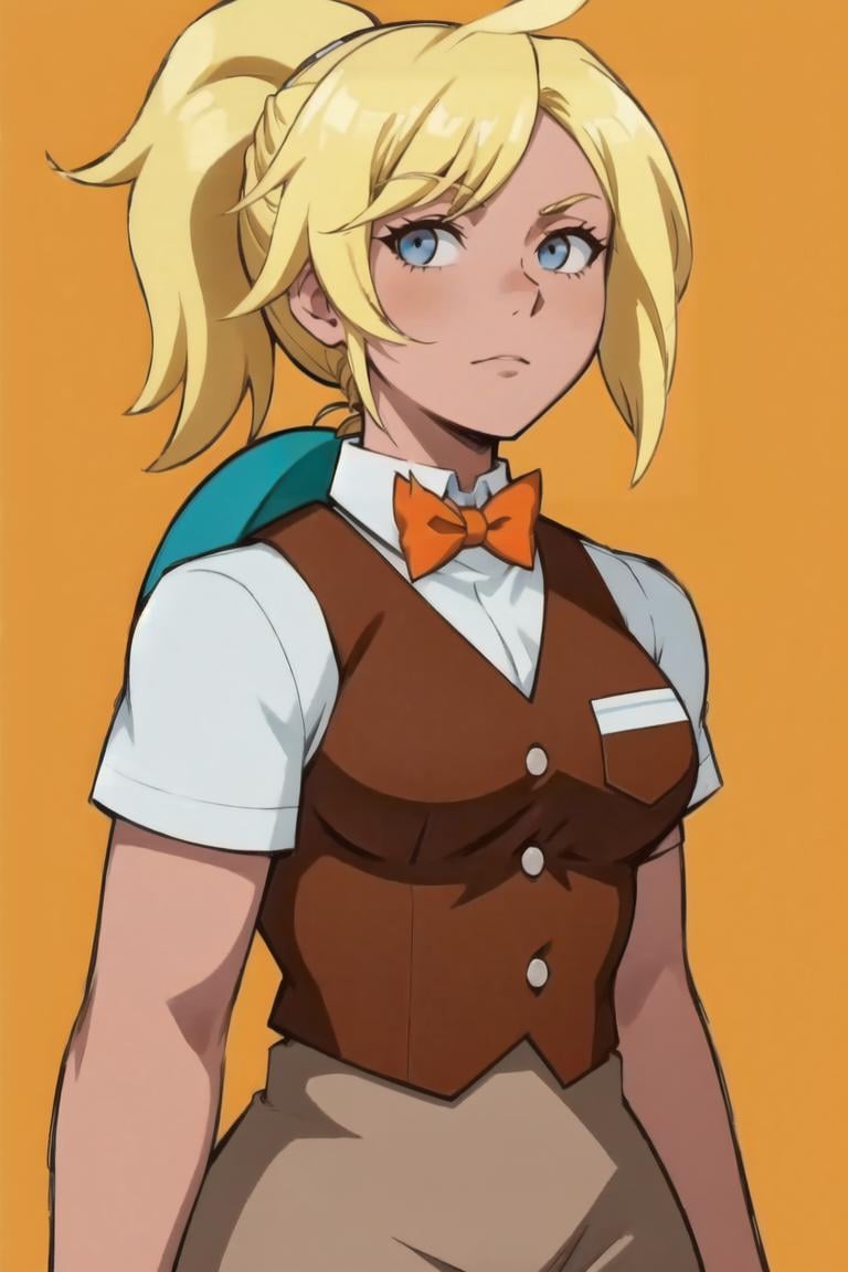 <lora:Fionna:0.8> Fionna, looking at viewer, simple background, work uniform, orange bowtie, brown vest, white collared shirt, ponytail, pants