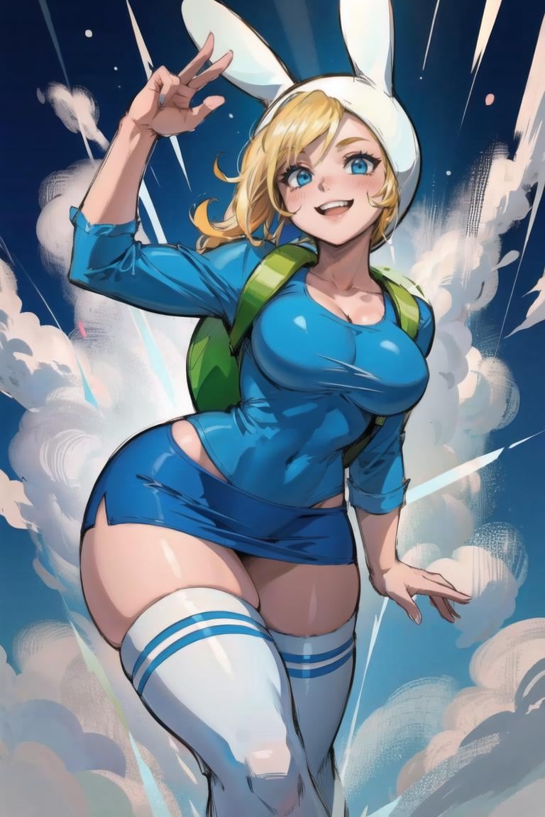 <lora:Fionna:0.8> Fionna, thighhighs, blue shirt, skirt, rabbit hood, bag, smile, huge breasts