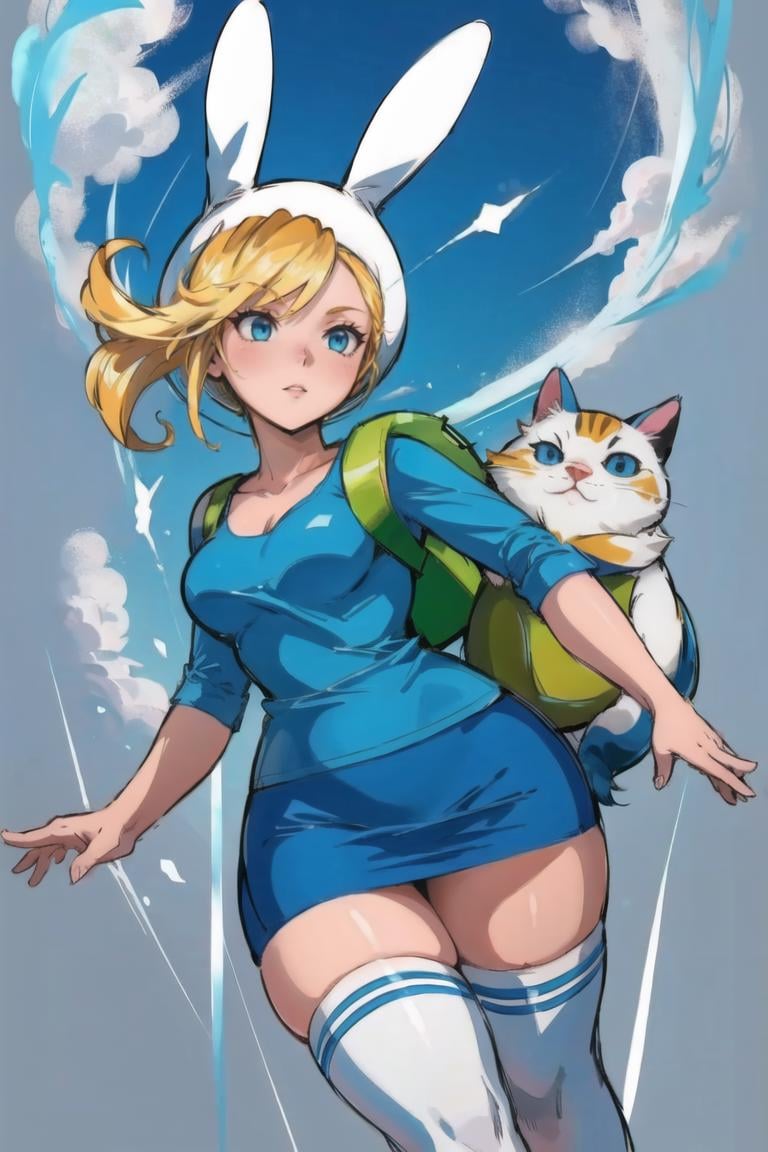 <lora:Fionna:0.8> Fionna, thighhighs, blue shirt, skirt, rabbit hood, bag, cat