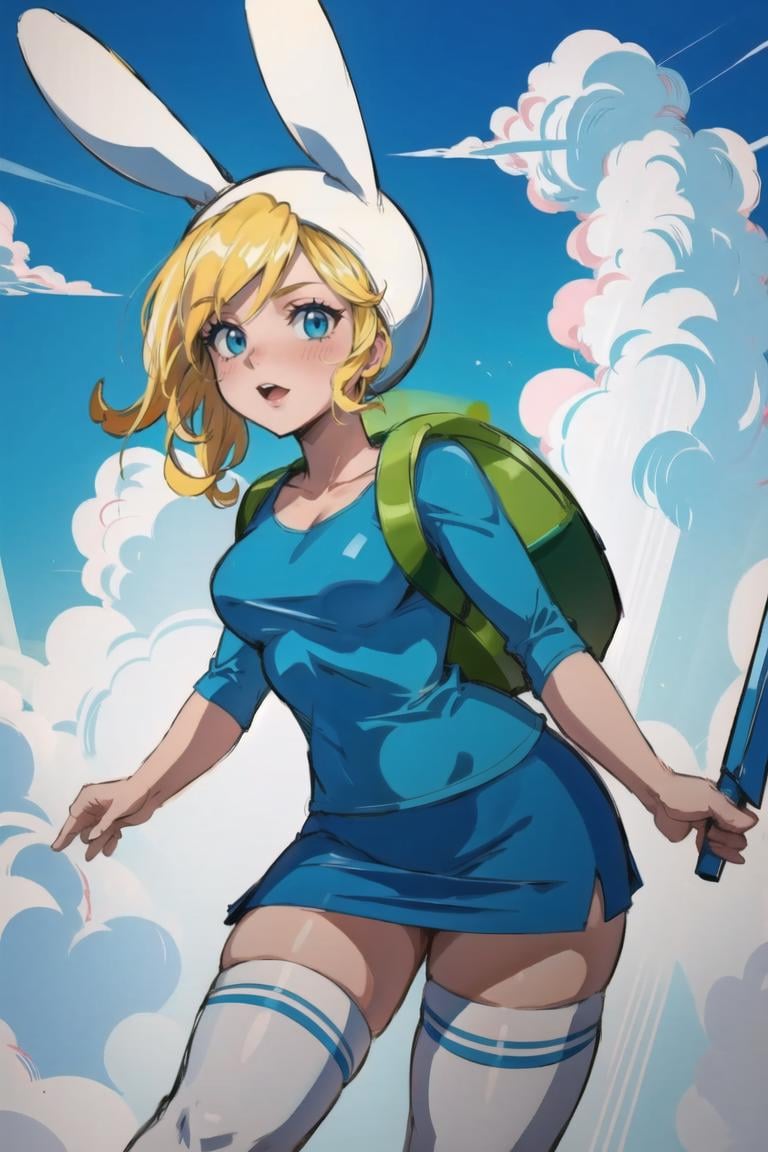 <lora:Fionna:0.8> Fionna, thighhighs, blue shirt, skirt, rabbit hood, bag