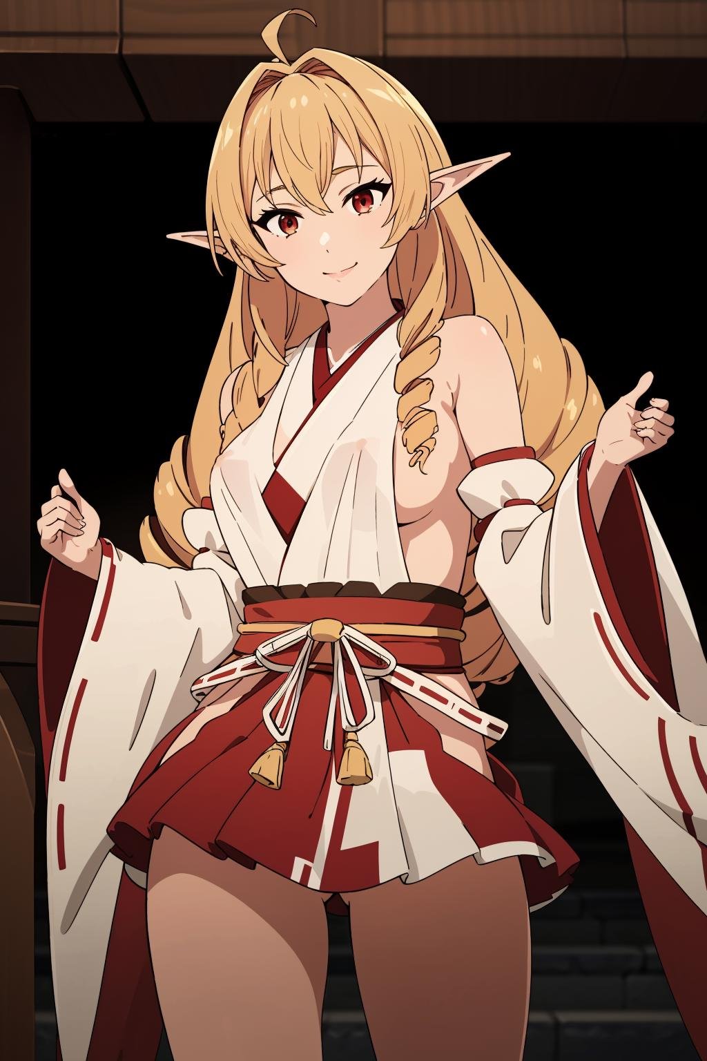 smile,<lora:elinalise1Ve:0.6>,1girl,solo,blonde hair,very long hair,pointy ears,twin drills,red eyes,solo,ahoge,elf,drill hair,hair between eyes,bangs,hair intakes,hair behind ear,<lora:CostumeMikoJapaneseClothesShrineMaiden:1>, shrine maiden,japanese clothes,detached sleeves || hakama short skirt || bottomless,no panties,ofuda on pussy,maebari,, Exquisite visuals, high-definition,masterpiece,best quality,, 18yo,Young female,Beautiful Fingers,Beautiful long legs,Beautiful body,Beautiful Nose,Beautiful character design, perfect eyes, perfect face,expressive eyes,
official art,extremely detailed CG unity 8k wallpaper, perfect lighting,Colorful, Bright_Front_face_Lighting,shiny skin, 
(masterpiece:1.0),(best_quality:1.0), ultra high res,4K,ultra-detailed,
photography, 8K, HDR, highres, absurdres:1.2, Kodak portra 400, film grain, blurry background, bokeh:1.2, lens flare, (vibrant_color:1.2), (beautiful_face:1.5),(narrow_waist), ,NSFW,