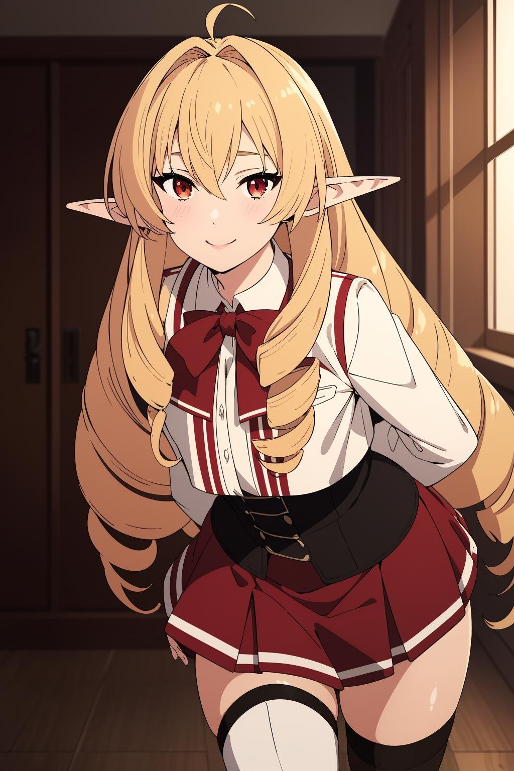 smile,<lora:elinalise1Ve:0.6>,1girl,solo,blonde hair,very long hair,pointy ears,twin drills,red eyes,solo,ahoge,elf,drill hair,hair between eyes,bangs,hair intakes,hair behind ear,long sleeves,school uniform,red skirt,red bowtie,black corset,thighhighs,white shirt,, Exquisite visuals, high-definition,masterpiece,best quality,, 18yo,Young female,Beautiful Fingers,Beautiful long legs,Beautiful body,Beautiful Nose,Beautiful character design, perfect eyes, perfect face,expressive eyes,
official art,extremely detailed CG unity 8k wallpaper, perfect lighting,Colorful, Bright_Front_face_Lighting,shiny skin, 
(masterpiece:1.0),(best_quality:1.0), ultra high res,4K,ultra-detailed,
photography, 8K, HDR, highres, absurdres:1.2, Kodak portra 400, film grain, blurry background, bokeh:1.2, lens flare, (vibrant_color:1.2), (beautiful_face:1.5),(narrow_waist), ,NSFW,