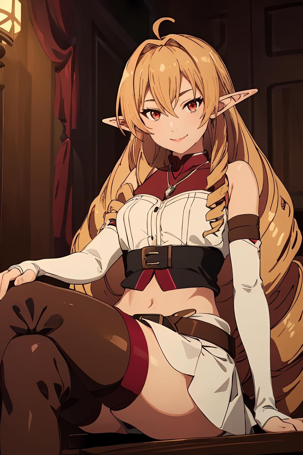 <lora:elinalise1Ve:0.7>,smile,crossed legs,1girl,blonde hair,very long hair,pointy ears,twin drills,red eyes,solo,ahoge,elf,drill hair,hair between eyes,bangs,hair intakes,hair behind ear,necklace,white skirt,brown_belt,red_legwear,detached sleeves,navel,midriff,bare shoulders,white fingerless gloves,red collar,jacket,black hotpants,brown thigh boots,thighhighs,, Exquisite visuals, high-definition,masterpiece,best quality,, Exquisite visuals,high-definition,masterpiece,best quality,18yo,Young female,Beautiful Fingers,Beautiful long legs,Beautiful body,Beautiful character design,white panties,