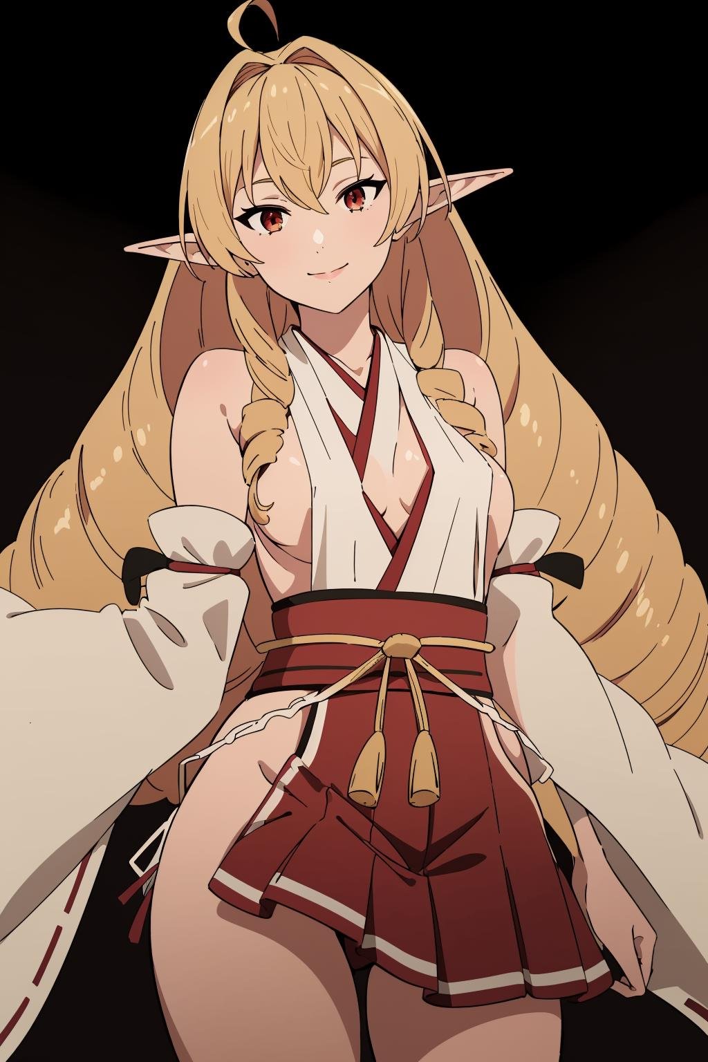 smile,<lora:elinalise1Ve:0.6>,1girl,solo,blonde hair,very long hair,pointy ears,twin drills,red eyes,solo,ahoge,elf,drill hair,hair between eyes,bangs,hair intakes,hair behind ear,<lora:CostumeMikoJapaneseClothesShrineMaiden:1>, shrine maiden,japanese clothes,detached sleeves || hakama short skirt || bottomless,no panties,ofuda on pussy,maebari,, Exquisite visuals, high-definition,masterpiece,best quality,, 18yo,Young female,Beautiful Fingers,Beautiful long legs,Beautiful body,Beautiful Nose,Beautiful character design, perfect eyes, perfect face,expressive eyes,
official art,extremely detailed CG unity 8k wallpaper, perfect lighting,Colorful, Bright_Front_face_Lighting,shiny skin, 
(masterpiece:1.0),(best_quality:1.0), ultra high res,4K,ultra-detailed,
photography, 8K, HDR, highres, absurdres:1.2, Kodak portra 400, film grain, blurry background, bokeh:1.2, lens flare, (vibrant_color:1.2), (beautiful_face:1.5),(narrow_waist), ,NSFW,