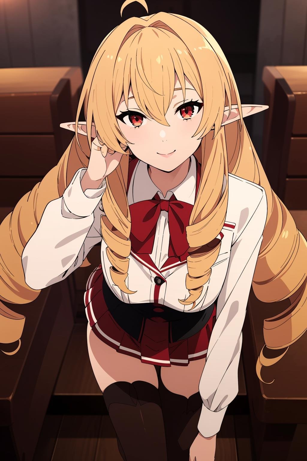 smile,<lora:elinalise1Ve:0.6>,1girl,blonde hair,very long hair,pointy ears,twin drills,red eyes,solo,ahoge,elf,drill hair,hair between eyes,bangs,hair intakes,hair behind ear,long sleeves,school uniform,red skirt,red bowtie,black corset,thighhighs,white shirt,, Exquisite visuals, high-definition,masterpiece,best quality,, 18yo,Young female,Beautiful Fingers,Beautiful long legs,Beautiful body,Beautiful Nose,Beautiful character design, perfect eyes, perfect face,expressive eyes,
official art,extremely detailed CG unity 8k wallpaper, perfect lighting,Colorful, Bright_Front_face_Lighting,shiny skin, 
(masterpiece:1.0),(best_quality:1.0), ultra high res,4K,ultra-detailed,
photography, 8K, HDR, highres, absurdres:1.2, Kodak portra 400, film grain, blurry background, bokeh:1.2, lens flare, (vibrant_color:1.2), (beautiful_face:1.5),(narrow_waist), ,NSFW,