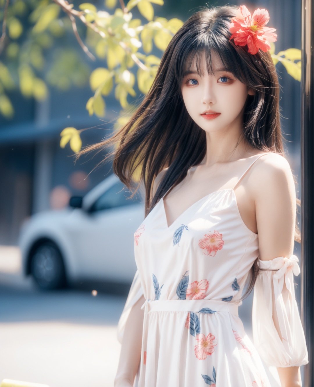  1girl, solo, flower, long hair, black hair, hair ornament, hair flower, blue eyes, floral print, chinese clothes, looking at viewer, detached sleeves, upper body, white flower, parted lips, dress, pink flower, china dress, bare shoulders, blush, red flower, eyelashes, white dress, lips, sleeveless, parted bangs, glowing,lens flare,big leaf,plant, wind, cute girl,blurry background