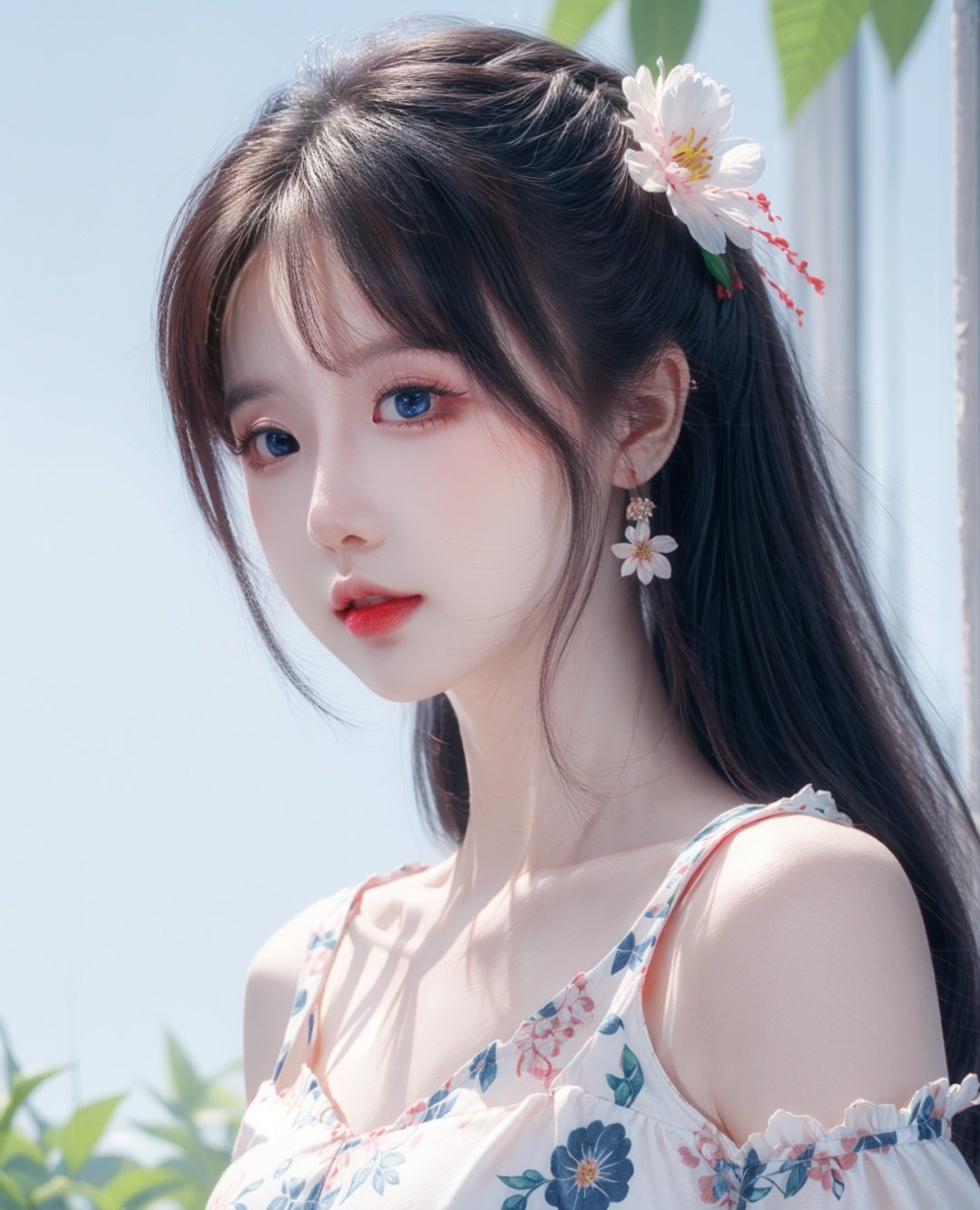  1girl, solo, flower, long hair, black hair, hair ornament, hair flower, blue eyes, floral print, chinese clothes, looking at viewer, detached sleeves, upper body, white flower, parted lips, dress, pink flower, china dress, bare shoulders, blush, red flower, eyelashes, white dress, lips, sleeveless, parted bangs, glowing,lens flare,big leaf,plant, wind, cute girl,blurry background