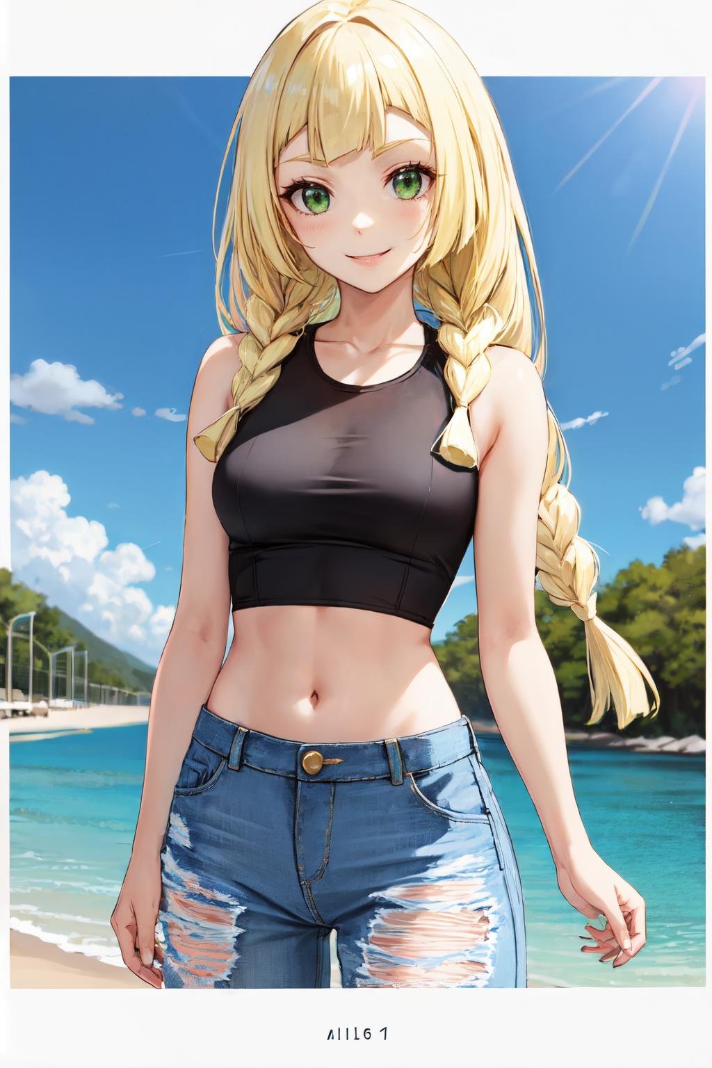 lillie, blonde hair, 1girl,solo,blonde hair, long hair, twin braids, green eyes,smile ,happy,Ripped boyfriend jeans, cropped tank top, flip flops<lora:lillie_pokemon:1>