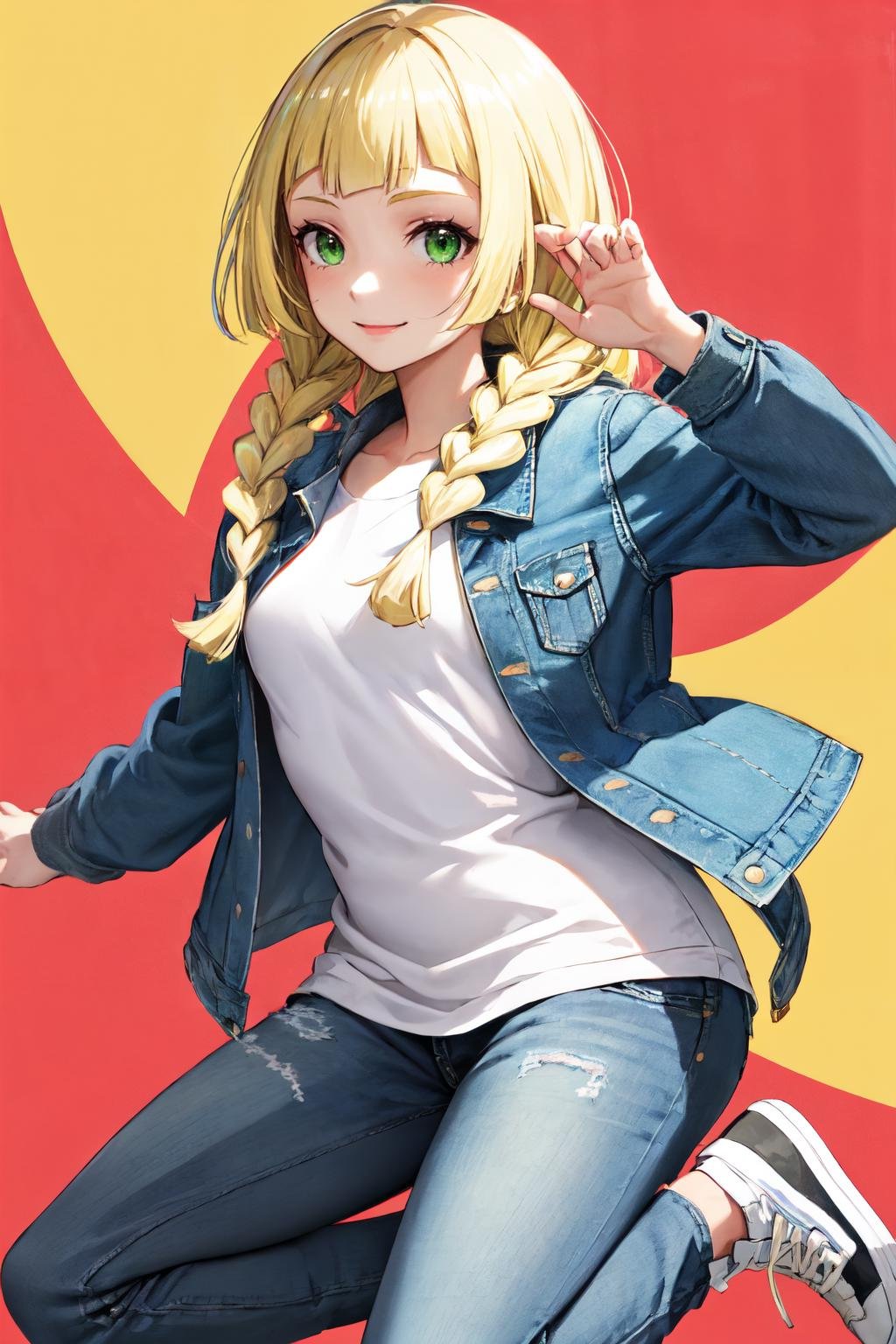 lillie, blonde hair, 1girl,solo,blonde hair, long hair, twin braids, green eyes,smile ,happy,Striped t-shirt dress, denim jacket, white sneakers<lora:lillie_pokemon:1>