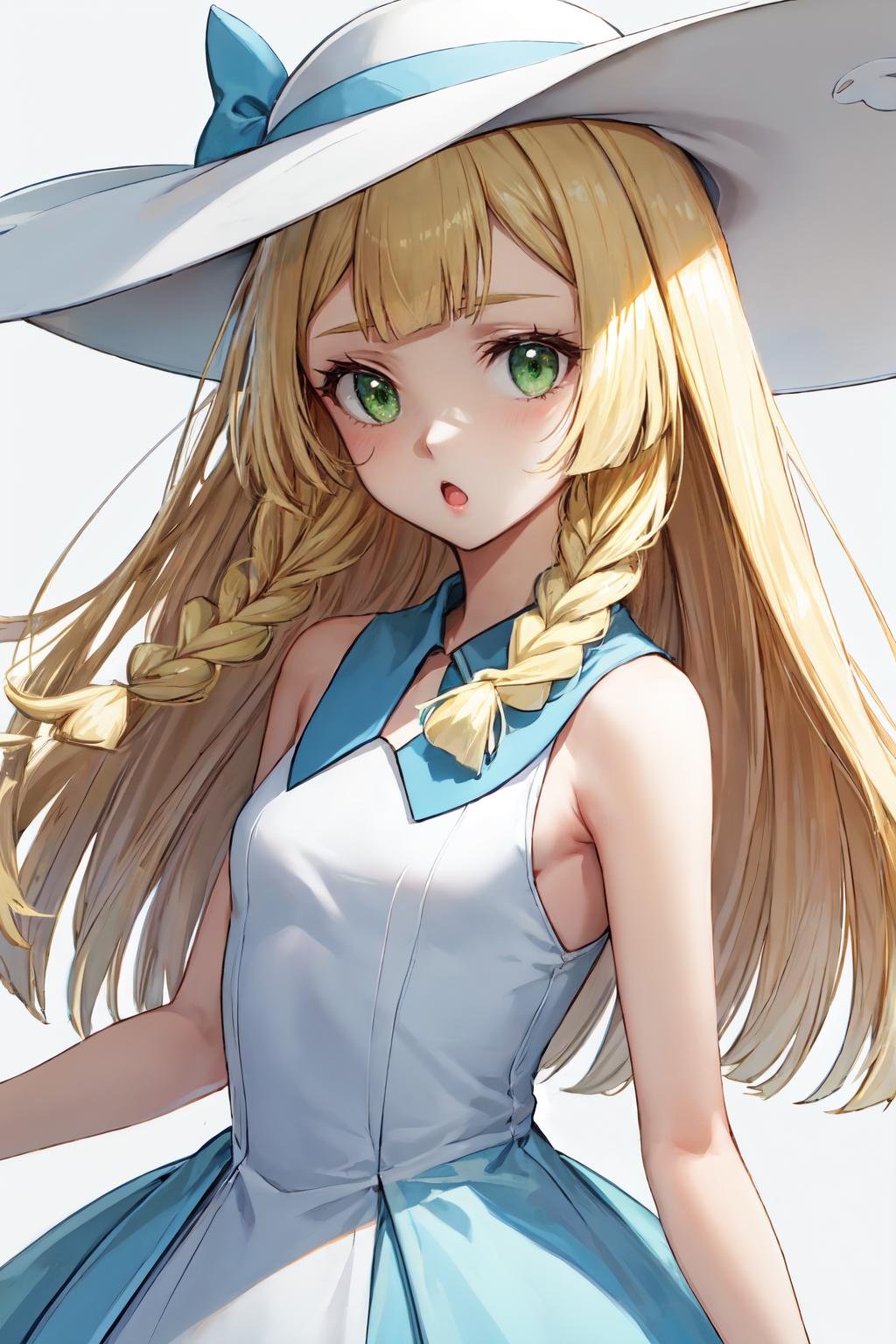 lillie, simple background, blonde hair, sleeveless, hat, dress, twin braids, white headwear, green eyes, upper body, collared dress, solo, :o, looking at viewer, 1girl, sleeveless dress, sun hat, long hair, white dress, braid<lora:lillie_pokemon:1>