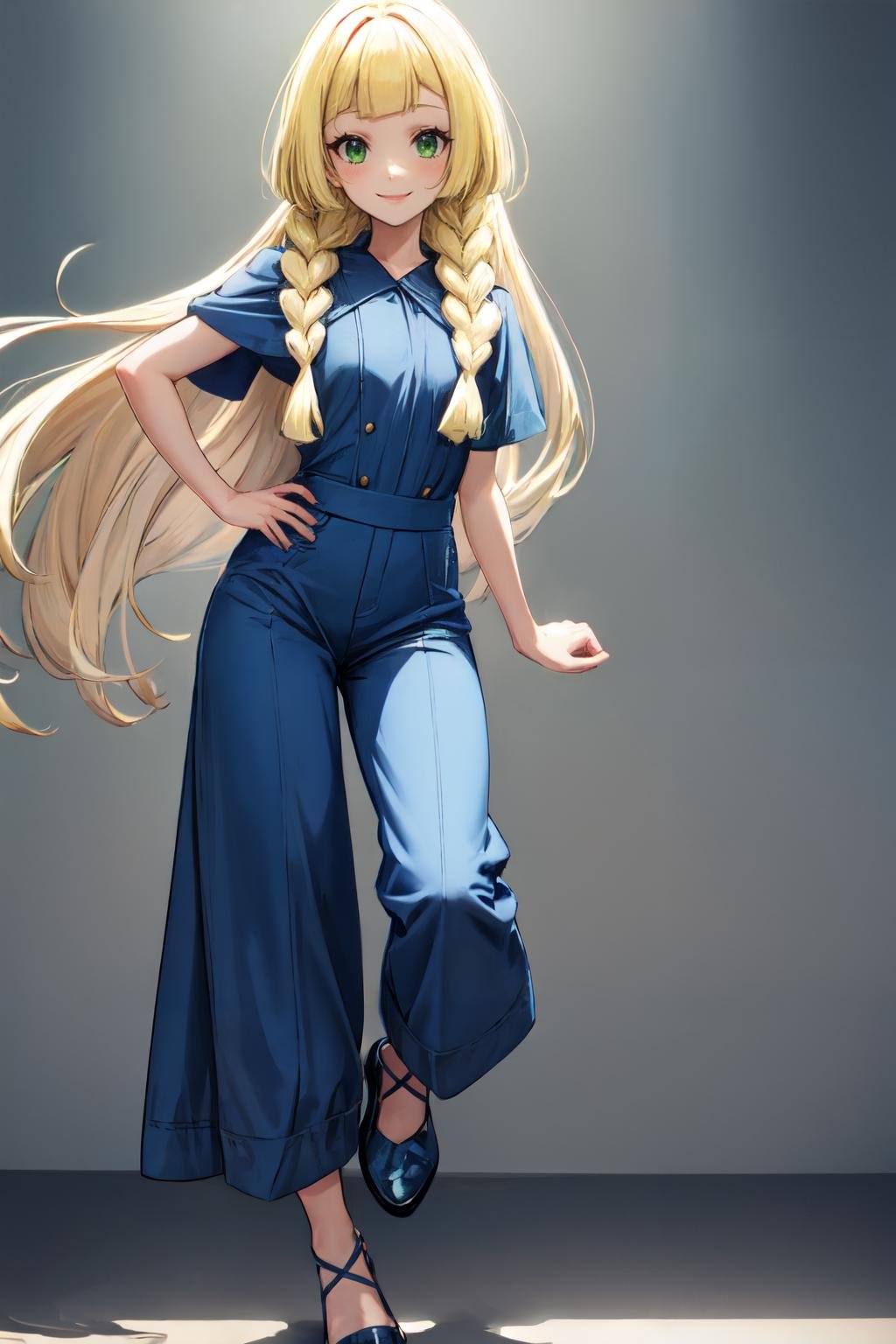 lillie, blonde hair, 1girl,solo,blonde hair, long hair, twin braids, green eyes,smile ,happy,Wide-leg jumpsuit, block heels<lora:lillie_pokemon:1>