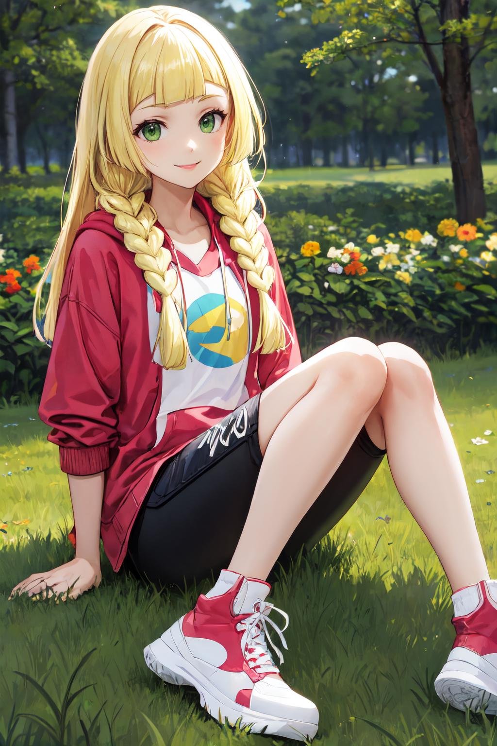 lillie, blonde hair, 1girl,solo,blonde hair, long hair, twin braids, green eyes,smile ,happy,Graphic sweatshirt, biker shorts, sneakers<lora:lillie_pokemon:1>