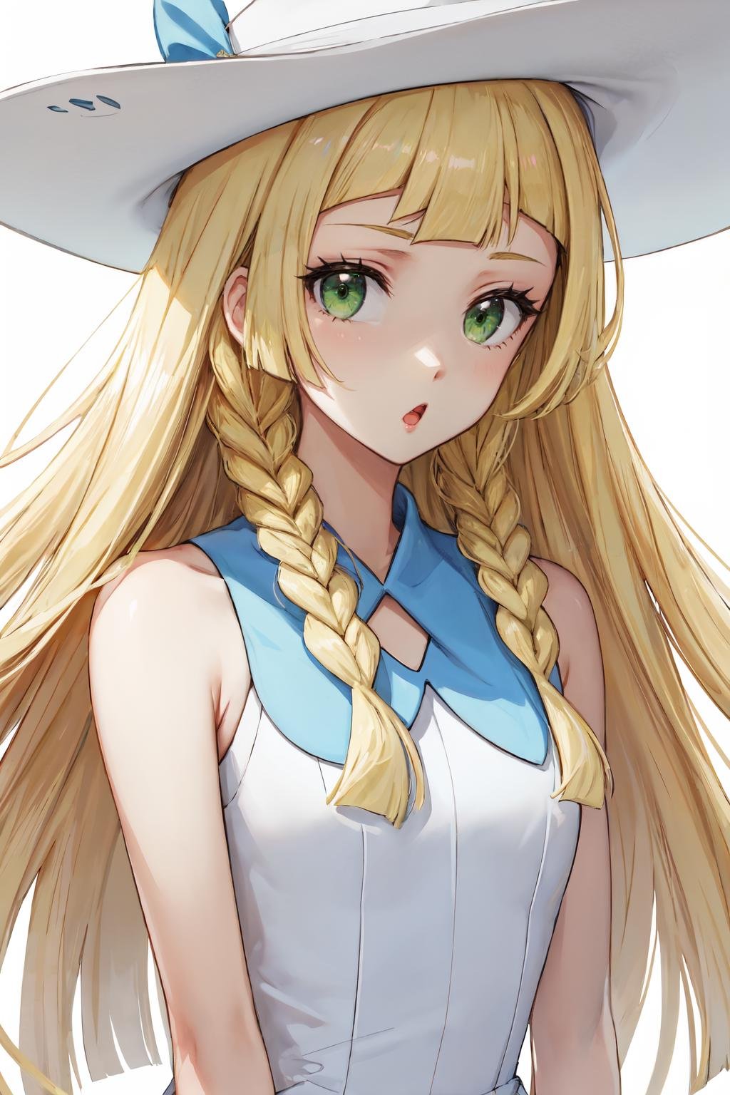 lillie, simple background, blonde hair, sleeveless, hat, dress, twin braids, white headwear, green eyes, upper body, collared dress, solo, :o, looking at viewer, 1girl, sleeveless dress, sun hat, long hair, white dress, braid<lora:lillie_pokemon:1>