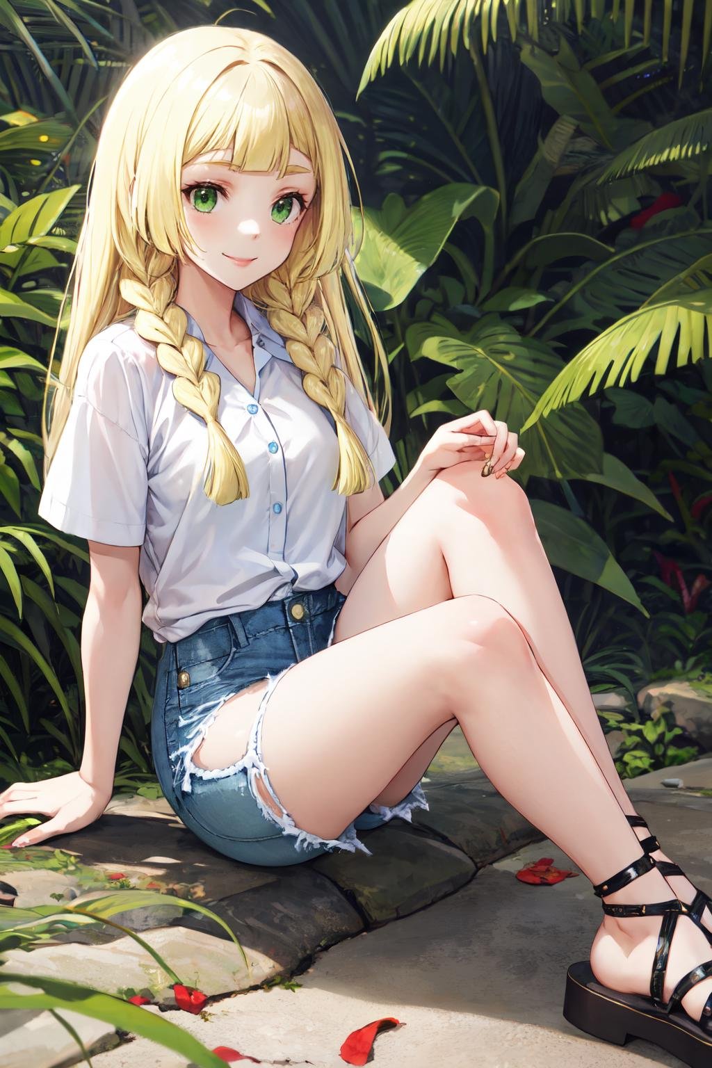 lillie, blonde hair, 1girl,solo,blonde hair, long hair, twin braids, green eyes,smile ,happy,Denim shorts, oversized button-up shirt, strappy sandals<lora:lillie_pokemon:1>