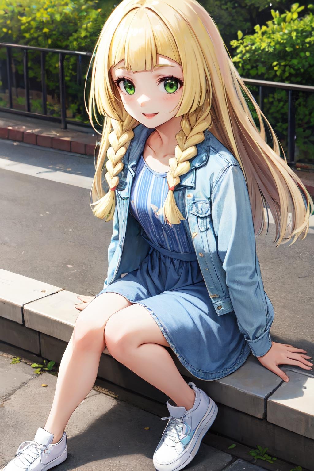 lillie, blonde hair, 1girl,solo,blonde hair, long hair, twin braids, green eyes,smile ,happy,Striped t-shirt dress, denim jacket, white sneakers<lora:lillie_pokemon:1>