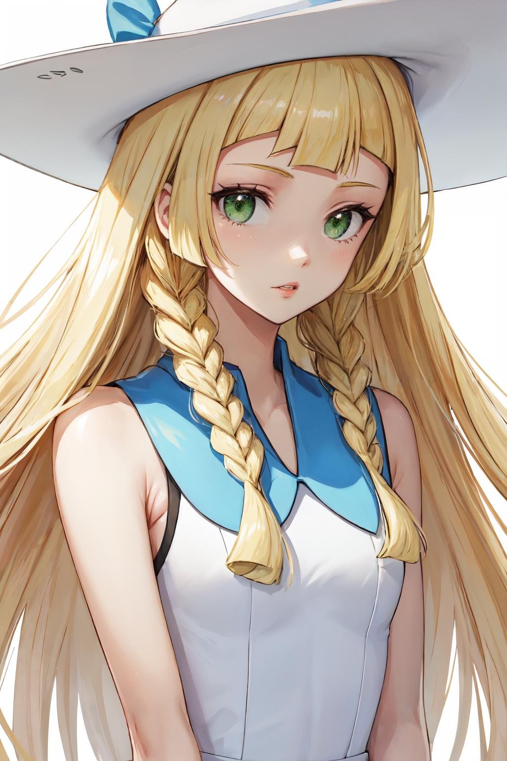 lillie, simple background, blonde hair, sleeveless, hat, dress, twin braids, white headwear, green eyes, upper body, collared dress, solo, parted lips, looking at viewer, 1girl, sleeveless dress, sun hat, long hair, white dress, braid<lora:lillie_pokemon:1>