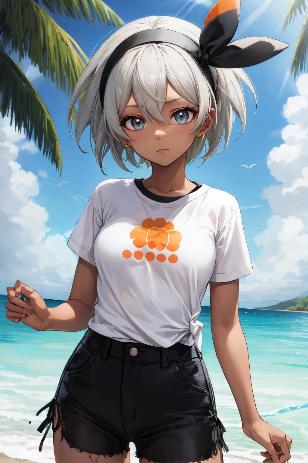 bea pokemon, black hairband, dark-skinned female,1girl, hair between eyes,  grey hair, short hair, solo,  grey eyes, looking at viewer,  bow hairband, Graphic t-shirt with a colorful illustration of a tropical beach scene<lora:bea_pokemon:1>
