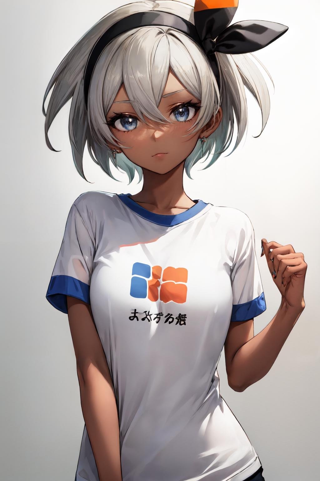 bea pokemon, black hairband, dark-skinned female,1girl, hair between eyes,  grey hair, short hair, solo,  grey eyes, looking at viewer,  bow hairband, Ombre t-shirt fading from one vibrant color to another<lora:bea_pokemon:1>