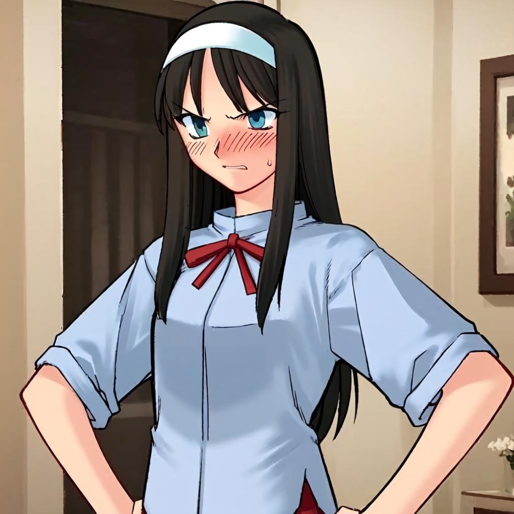 solo, Akiha, black hair, hairband, blue eyes, standing, hands on hips, angry, blush, skirt, shirt, ribbon