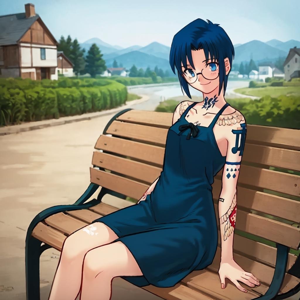 solo, Ciel, blue hair, blue eyes, short hair, sundress, tattoo, sitting on bench, village in the distance, glasses, light smile